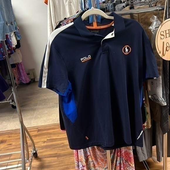 Men’s Blue, White And Orange Sports Polo Size Large